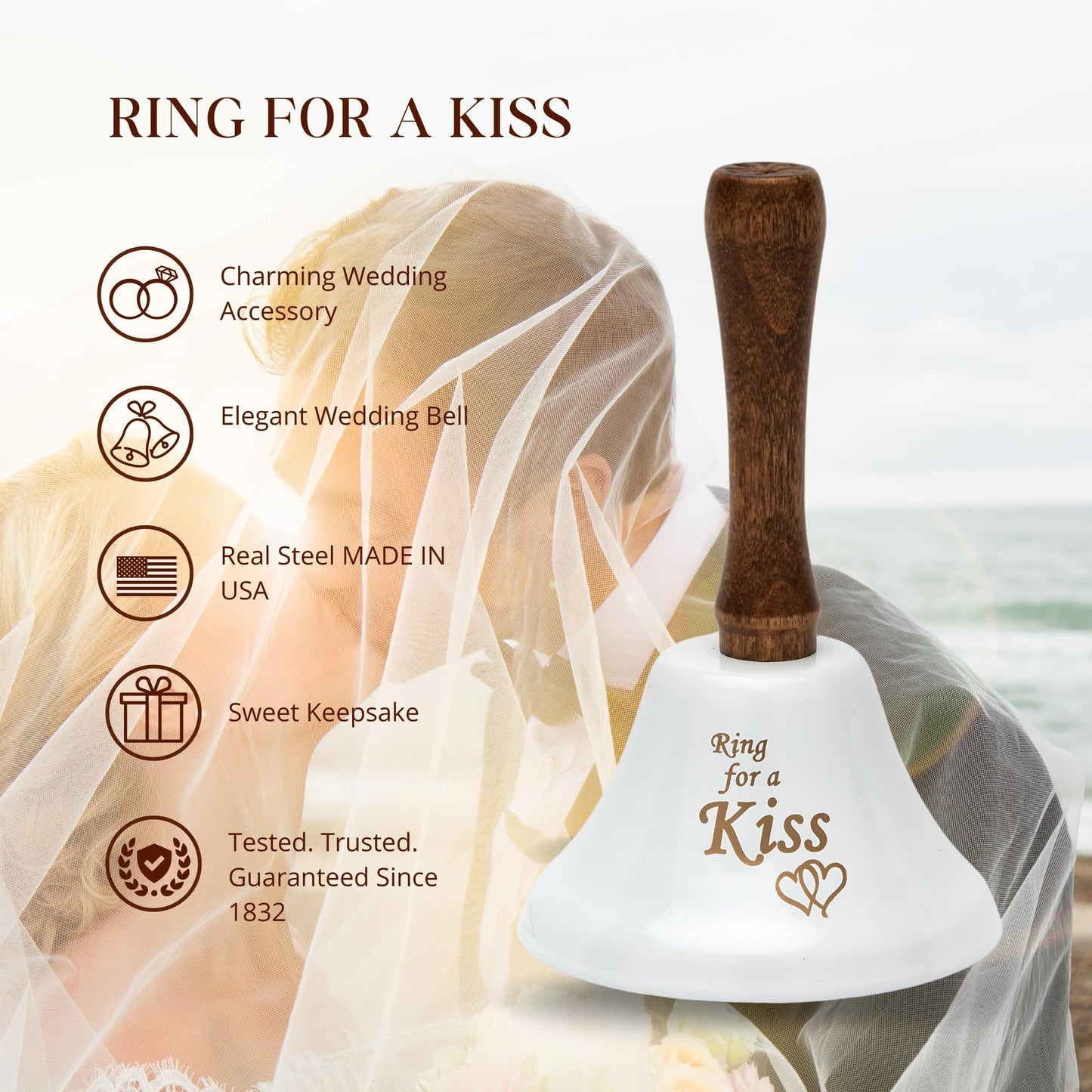 Bevin Bells Ring for a Kiss Wedding Bell | Loud Cowbell, Tea Bell or Ornamental Bells | Party Bell | Wedding Reception & Rehearsal Dinner Bells | Countertop Service Call Bell | Made in CT, USA