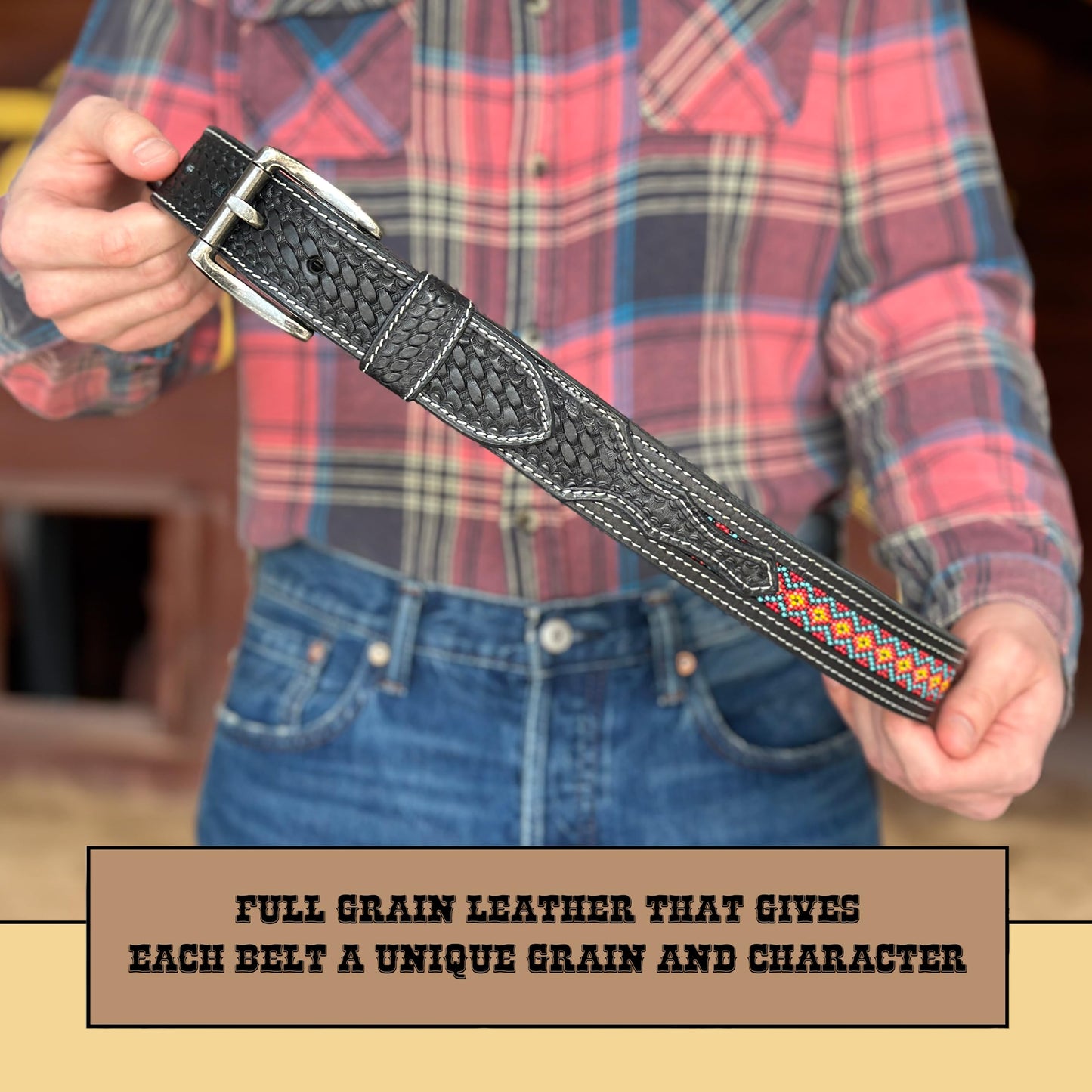 DANIEL'S ARTPLANET Western Belt for Men Handmade Full Grain Leather Beaded Tooled Cowboy Belt with Removable Buckle 1.5”