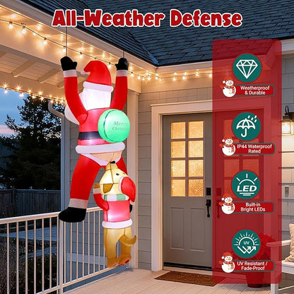 6FT Hanging Christmas Inflatables Outdoor, Climbing Santa with Dog Blow Up Roof Decor, Funny Built-in LED Lights Xmas Inflatable for Window Eaves Garden Yard Holiday Decorations