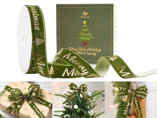 HUIHUANG Christmas Velvet Ribbon 1 inch Moss Green Velvet with Gold Merry Christmas Tree Ribbon for Gift Wrapping, Tree Ornaments, Wreaths, Garlands, DIY Crafts- Continuous 10 Yards