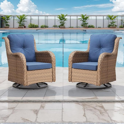 Rilyson Patio Chairs Rocking Swivel Chiar - 3 Piece Outdoor Wicker Patio Bistro Set Rattan Rocker Glider Chairs with High Back and Deep Seating for Outside Porch Deck Garden(Yellow/Blue)