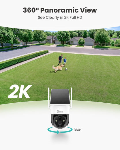 CAMSTRO 4G LTE Cellular Solar Security Camera Wireless Outdoor, 2K Camera No WiFi Needed with SIM Card, 360° Full View, PIR Motion Detection & Siren, 2 Way Talk, Color Night Vision, IP66