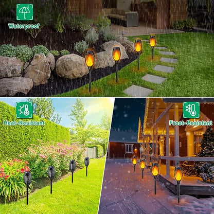 IkeeRuic Solar Halloween Flame Torch Lights for Outdoor Decor, 12Pack Outdoor Lights Solar Powered Waterproof, LED Torches for Outside Decor, Luces Solares Outdoor Decorations for Patio Garden Art