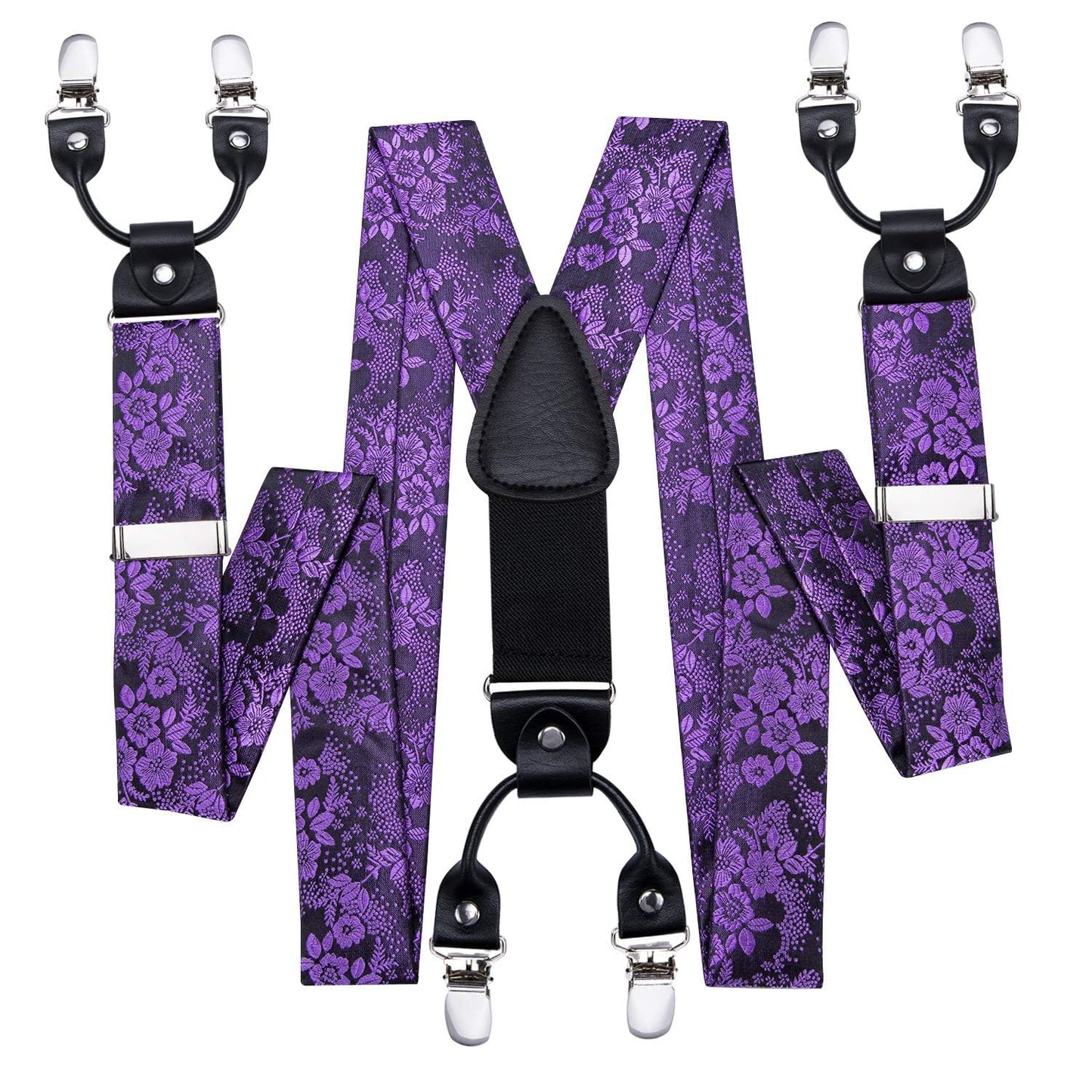 Hi-Tie Mardi Gras Purple and Black Silk Suspenders for Men Tie Set Jacquard Floral Adjustable Elastic Y Braces with Strong 6 Clips Pocket Square Set Wedding Party