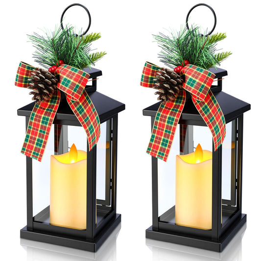 2 Pcs 14 Inch Christmas Lanterns Decorative Outdoor for Porch with LED Candle Pine Cones Holly Berry Metal Hanging Vintage Lantern with Plaid Ribbon Bow for Indoor Home Table Deco(Berry)