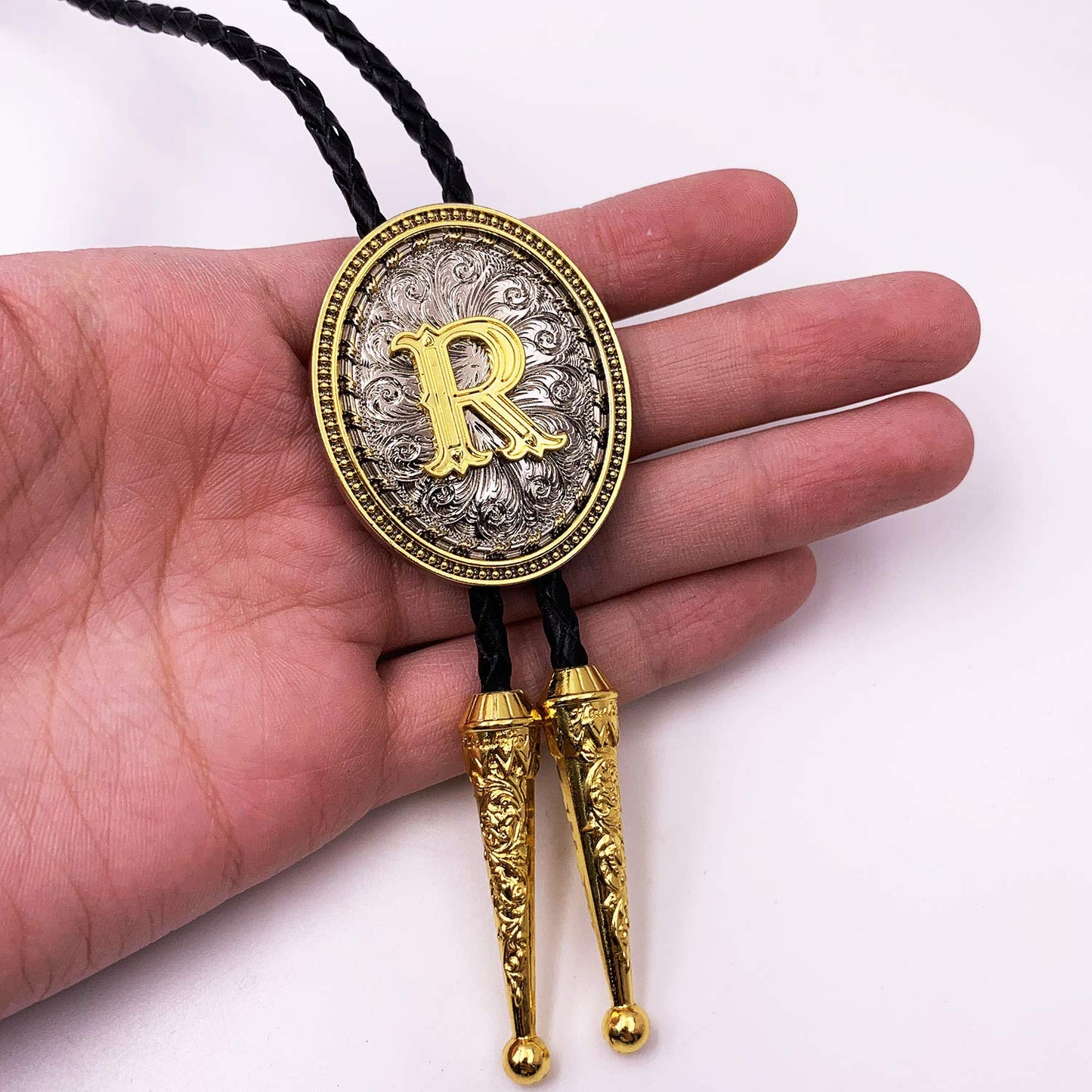 XGALBLA Golden Western Bolo Tie Initial Letter R in Ellipse Flower Cowboy with Cowhide Rope Necktie for Women