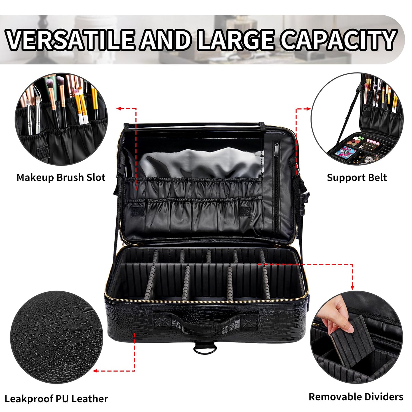 gzcz Large Capacity Travel Makeup Case Organizer,Professional Cosmetic Bags for Women,Waterproof PU Leather Makeup Bag with Adjustable Dividers and Shoulder Strap for Brushes and Jewelry
