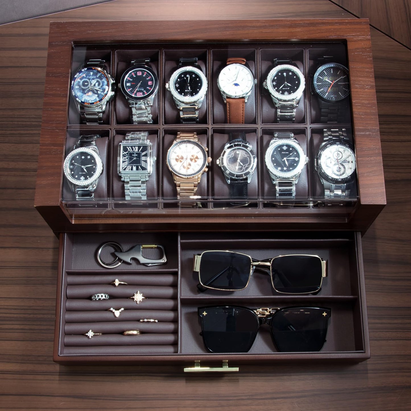 High End Watch Box for Men, 12 Slot Wooden Watch Case With Drawer, Watch Display Box with Glass Lid, 2-Layer Watch Holder for Jewelry and Watch Storage for Men Women , Ideal for Gift (With Gift Box)