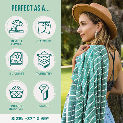 Sand Cloud Large Turkish Beach Towel - Sand Resistant - Fast Drying -100% Certified Organic Turkish Cotton Yarn - Great for Beach Bath or as a Blanket - As Seen on Shark Tank - Gocek (Mint) 37x69