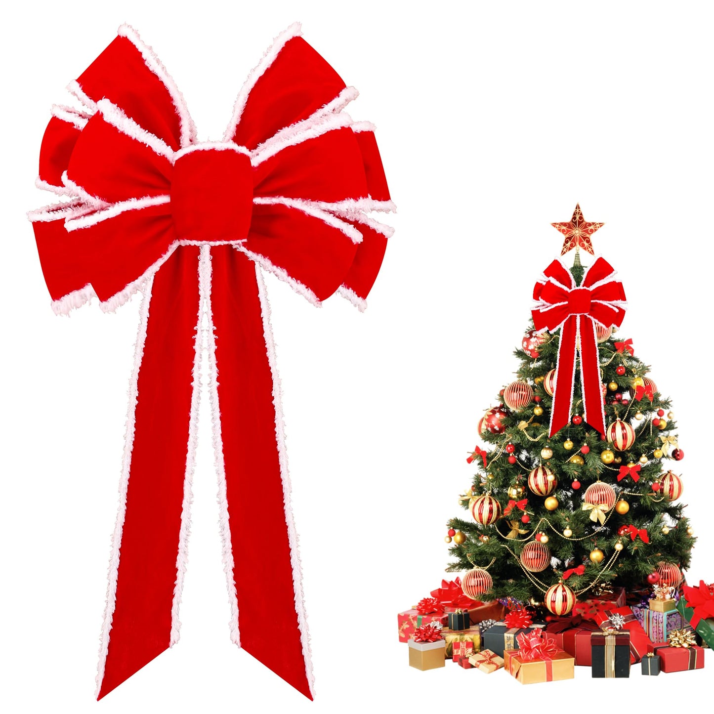 Anyfire Large Red Christmas Bow: 10'' x 21'' Large Christmas Tree Topper Bow Red Velvet Bow with White Edge for Wreath Garland Stair Fireplace Home Indoor Outdoor Xmas Decoration (1 Packs)