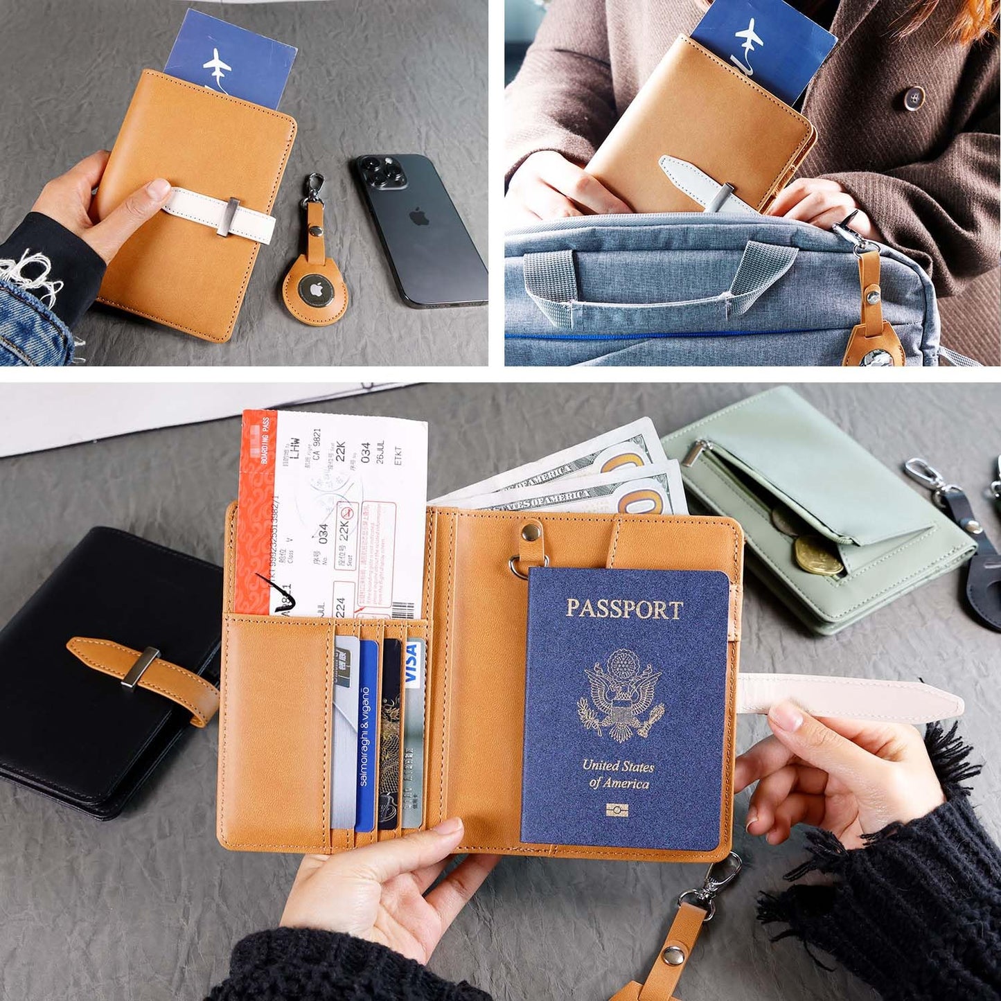 Deziliao Passport wallets, Mulit-purpose RFID Blocking Passport Holder AirTag Wallet, Travel Wallet Cover Case（Brown）