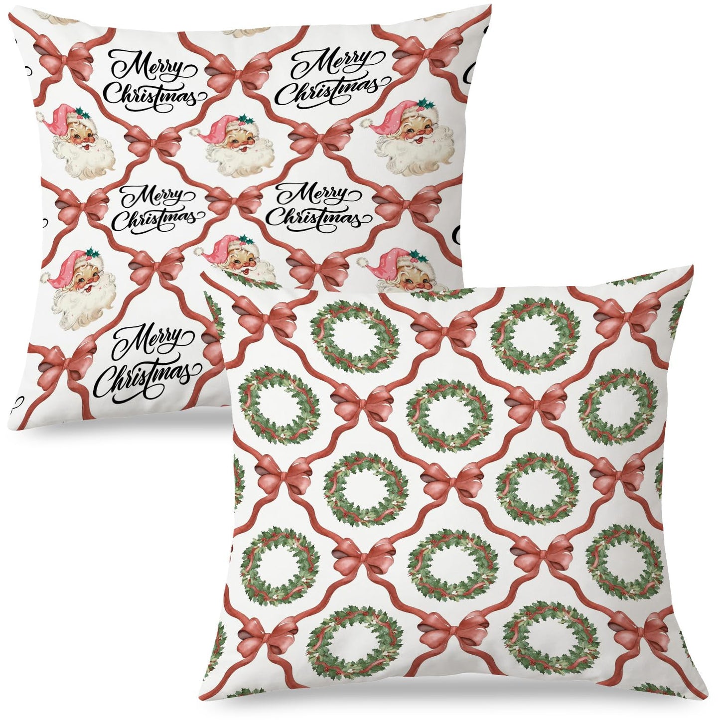 JINYO Coquette Red Bow Christmas Wreath Santa Pillow Covers 18x18, Coquette Preppy Christmas Decor, Girly Pink Santa Xmas Winter Holiday Throw Pillow Covers for Girls Room Dorm Apartment Set of 2