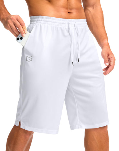 G Gradual Men's Athletic Shorts with Pockets 9" / 11" Long Basketball Shorts Lightweight Quick Dry Gym Workout Shorts for Men(White,M)