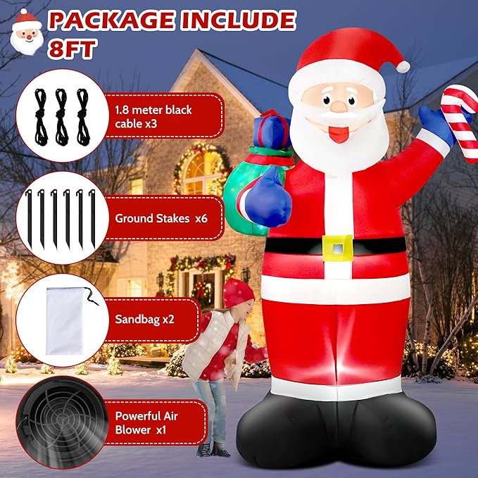 8 FT Christmas Inflatable Santa Claus Outdoor Blow Up Yard Decorations, Giant Blow Up Santa with Flashing Gift Bags & Candy, Build in LED Lights Xmas Decorations for Garden Holiday Party Lawn Decor