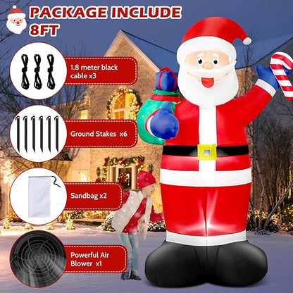 8 FT Christmas Inflatable Santa Claus Outdoor Blow Up Yard Decorations, Giant Blow Up Santa with Flashing Gift Bags & Candy, Build in LED Lights Xmas Decorations for Garden Holiday Party Lawn Decor