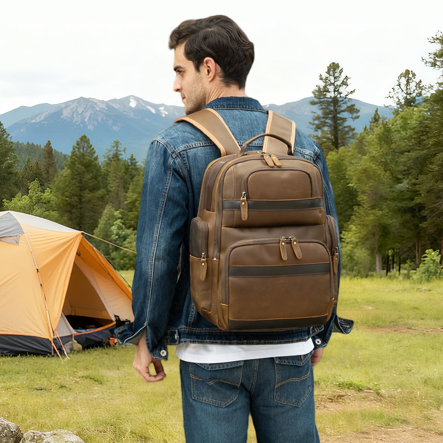 TIDING Men's Vintage Leather Backpack 15.6" Laptop Bag Large Capacity Business Travel Hiking Shoulder Daypacks