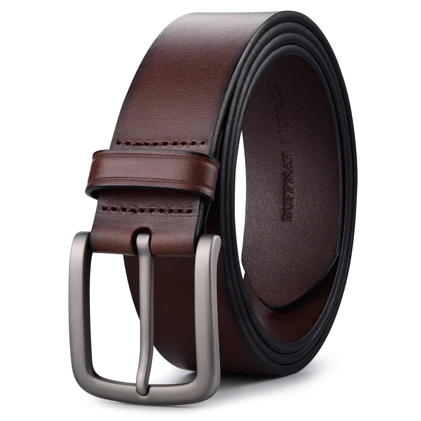 Buffway Men's Leather Belt,1.5" Handcrafted Top-Grain Leather – Durable,Comfortable,Suitable for Everyday Formal & Casual Wear - Size 34" Coffee