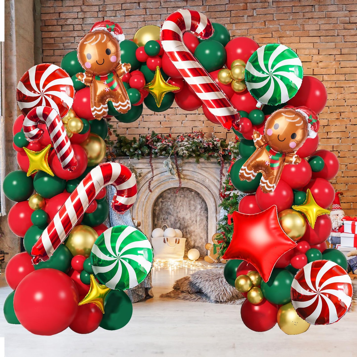Christmas Balloon Garland Arch Kit Red Green Gold Latex Balloons Large Gingerbread Man Red Green Lollipop Candy Mini Cane Foil Balloons with Four/Five Pointed Star for Xmas New Year Party Decorations