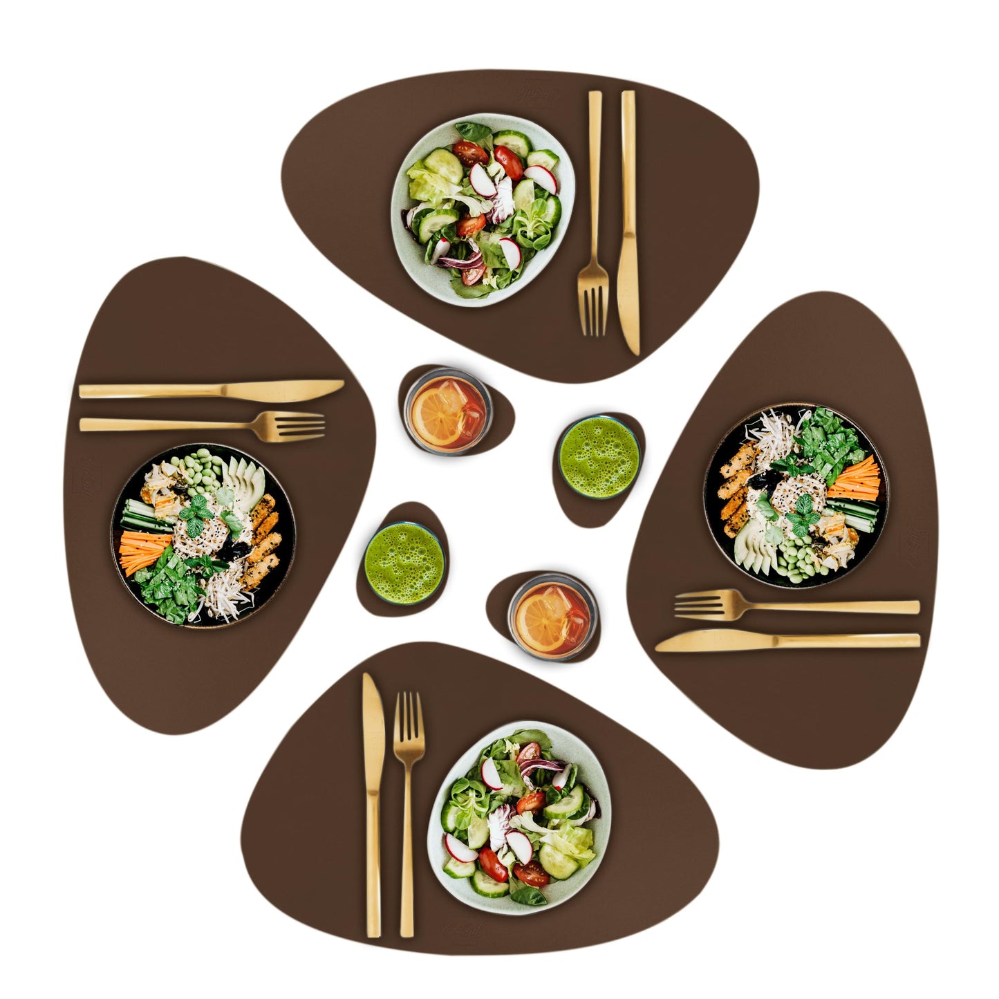 CaSail Faux Leather Placemats and Coasters - Set of 4 Round Modern Brown Table Mats for Dining - Heat Resistant, Waterproof & Non Slip Place mat for Indoor & Outdoor - Wipeable for Easy Care (Brown)
