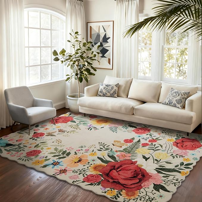 Washable Rugs for Living Room: 5x7 Area Rugs for Bedroom Soft Ultra Thin Stain Resistant Non Slip Low Pile Lightweight Vintage Floral Carpet for Dining Room Decor (Beige)
