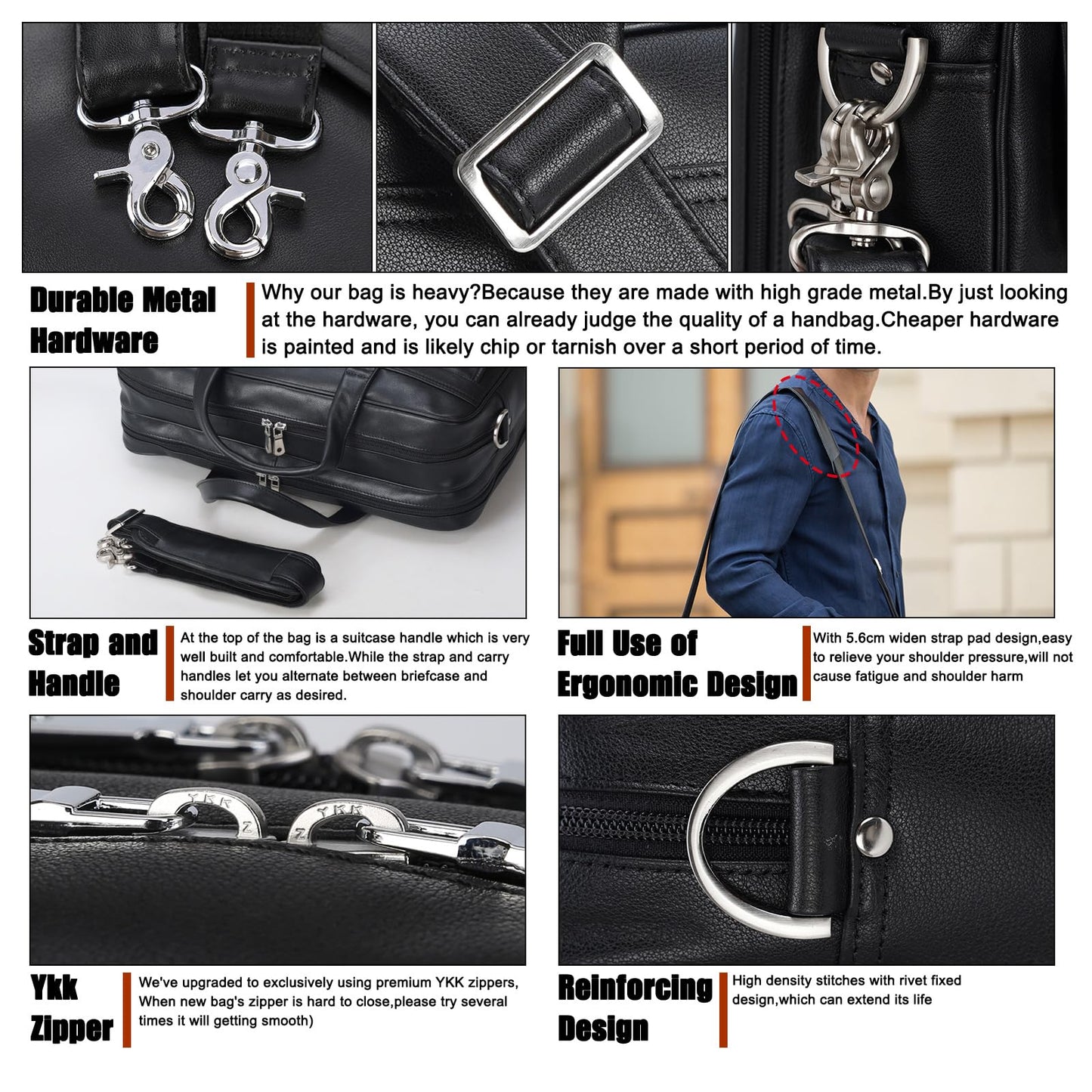 Masa Kawa Black Leather Briefcase for Men 17 Inch Laptop Computer Case Business Travel Work Messenger Cross Body Shoulder Bag