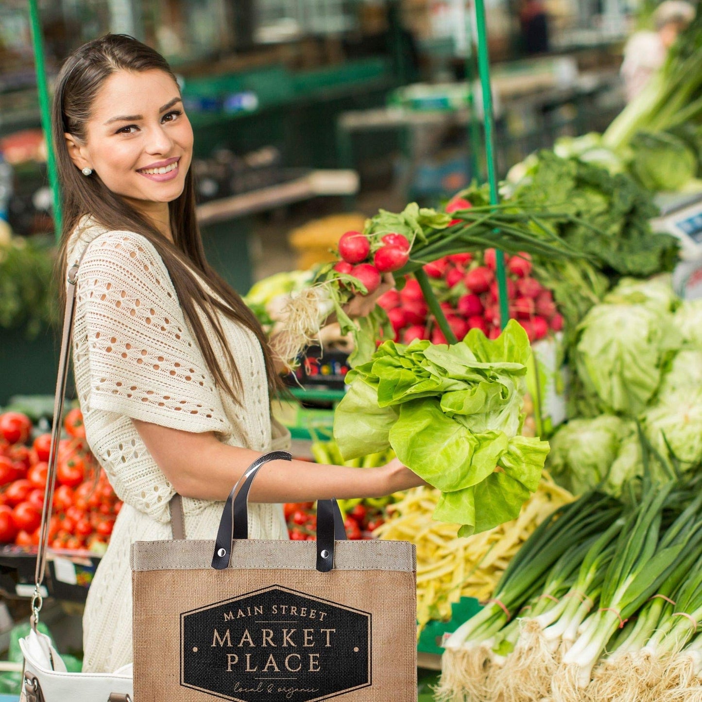 Santa Barbara Design Studio Main Street Farmers Market Tote, Reusable Burlap Grocery Bag with Leather Handle, Purse for Beach or Picnics, Food Lovers Gift Idea, 12.5 x 9.5 Inches