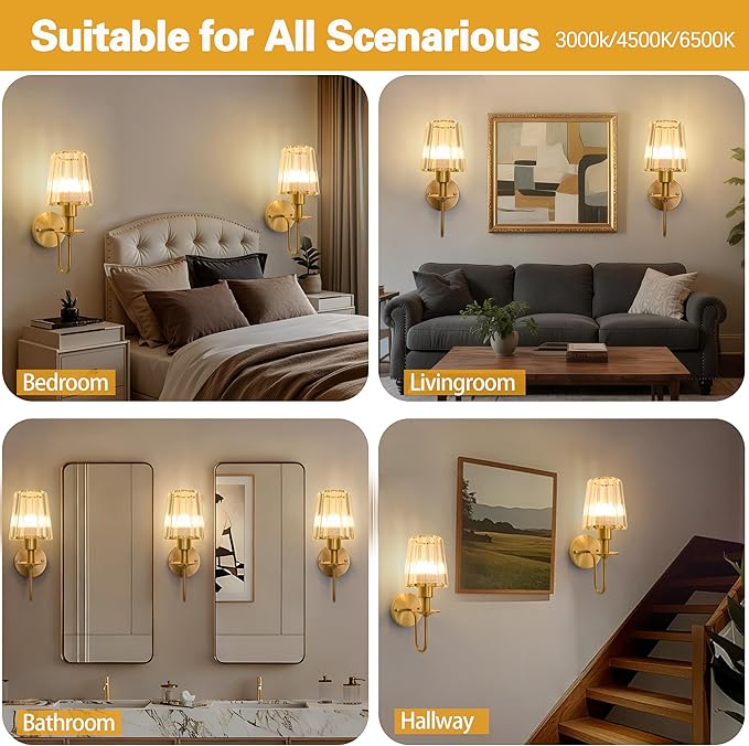 Battery Operated Wall Sconces set of Two,Wireless Wall Sconces with 5000 mAh Bulb and Remote,LED 15 Colors Rechargeable Gold Wall Sconce with Crystal for Bedroom Living Room Hallway Wall Decor