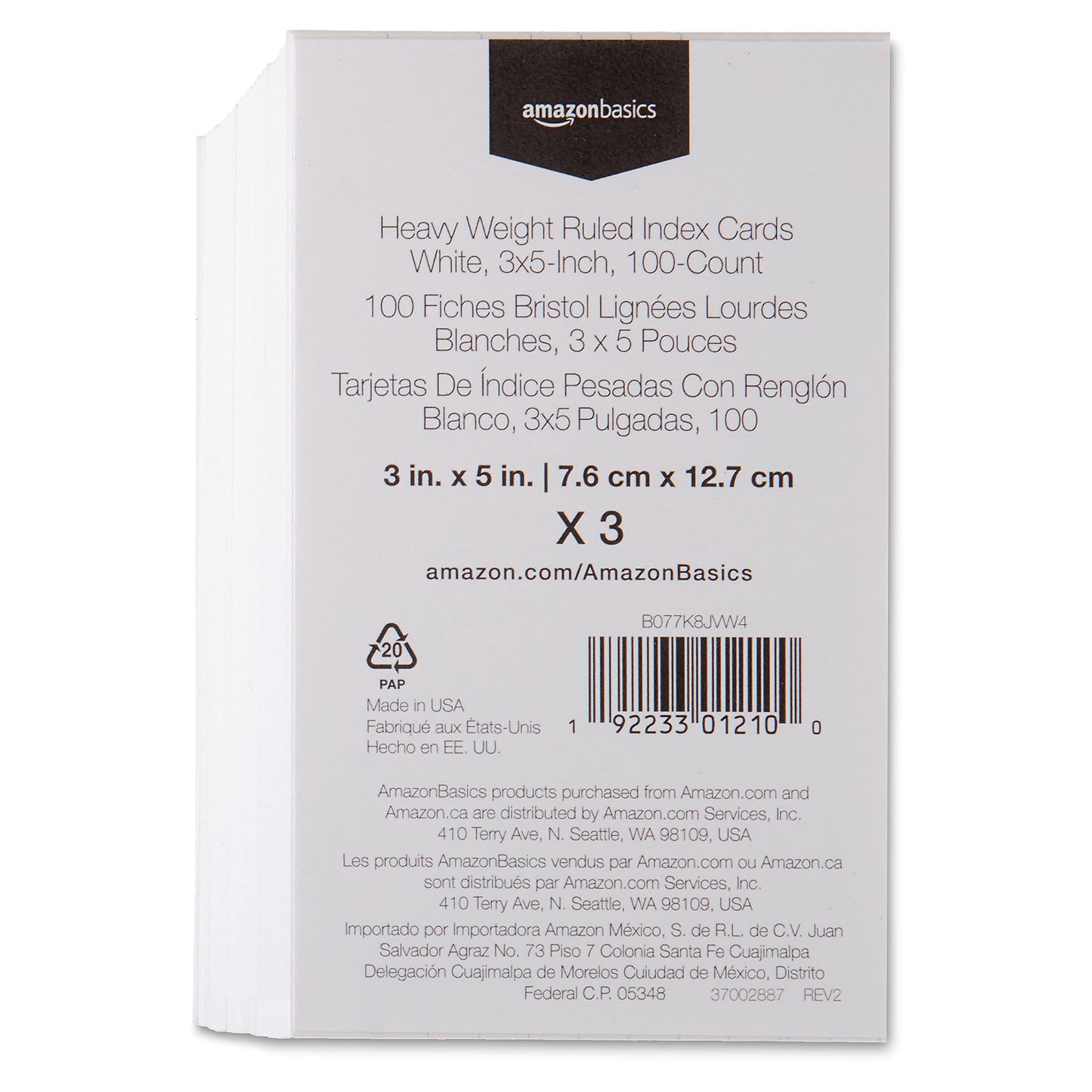 Amazon Basics Paper Flash Ruled Index Note Cards, Heavy Weight, White, 3 x 5 Inch Card, 300 Count, 100 Pack of 3