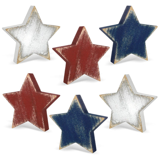 4th of July Decorations Wooden Star Set of 6, Red White and Blue Decorations, Vintage Patriotic Memorial Day Tiered Tray Decor, Labor Day Independence Day Veterans Day Decor for Home Office Shelf