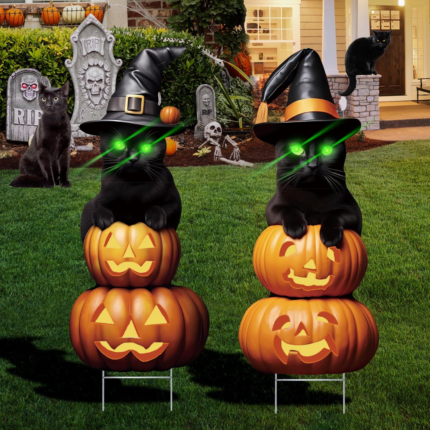 2Pcs 4.0FT Black Cat Halloween Decorations Outdoor- Plastic Yard Signs With Stakes, Spooky Pumpkin Outdoor Decor, Scary Silhouette With Glow in Dark Eyes for Yard, Lawn, Garden