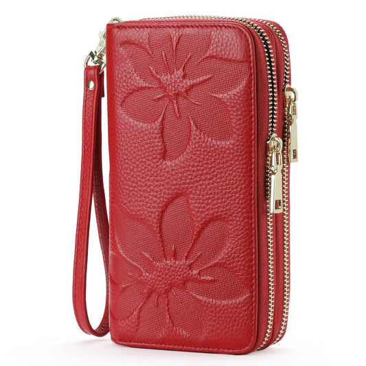 GOIACII Women's Wallet Large Capacity Double Zip Around Credit Card Holder Leather Ladies Wallet with RFID Blocking Phone Wristlet Purse Red