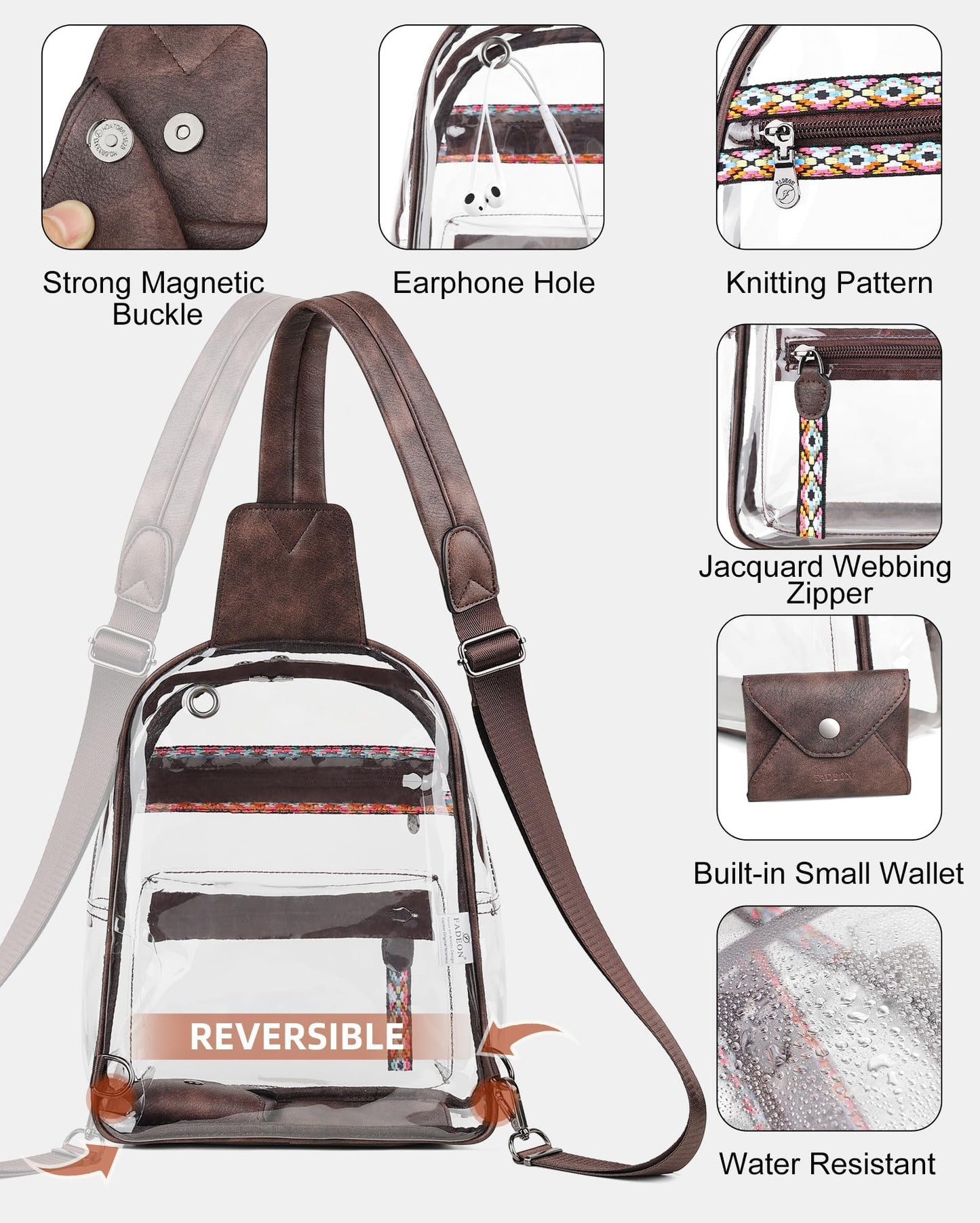 FADEON Large Clear Bag for Stadium Events, Transparent Purse Designer See Through Women's Crossbody Sling Bags Concerts Sports