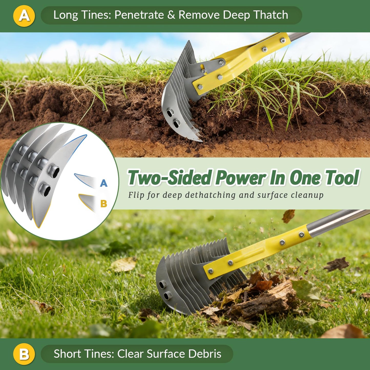 Thatch Rake, 15-Inch Wide Manual Dethatcher Rake for Cleaning Dead Grass, Loosening Soil, Efficient Stainless Steel Dethatching Rake with Long Adjustable Handle, Thatch Rakes for Lawns, Yard, Garden