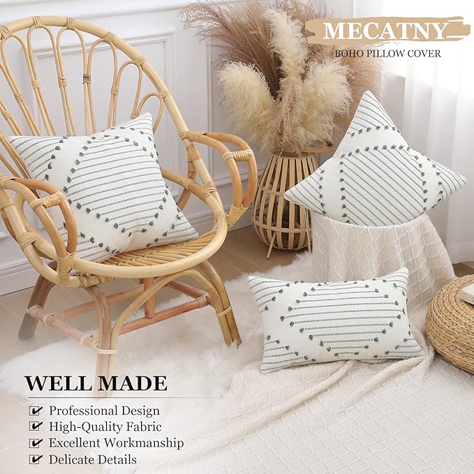 Mecatny Boho Outdoor Throw Pillow Covers 12X20 Set of 2, Farmhouse Lumbar Pillow Covers for Couch Sofa Living Room, Grey & Cream White