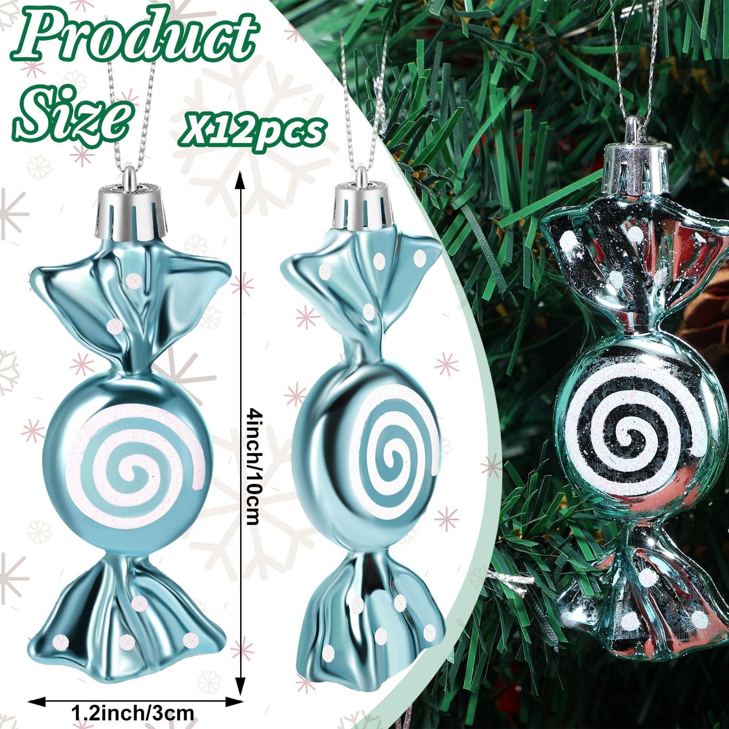 Threan 12 Pcs Christmas Candy Ornaments for Tree Decoration Hanging Glitter Candy Cane Christmas Peppermint Ornament with Golden Rope for Xmas Holiday Decoration(Light Blue,Plastic)