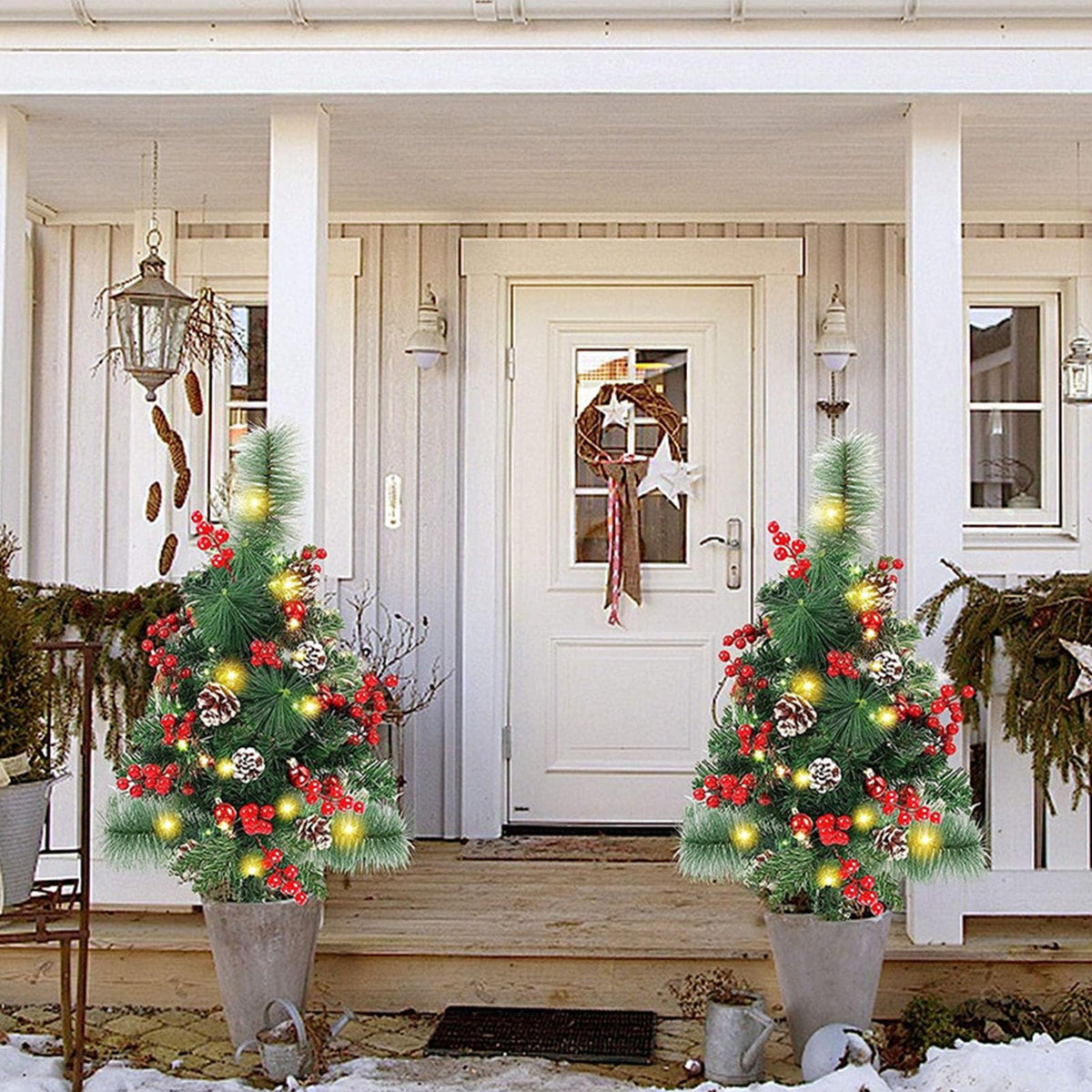 Prelit Artificial Christmas Trees Lights 17.2 Inch Solar Christmas Tree Pathway Lights with Stake Red Berries Pinecones Waterproof Xmas Urn Filler Solar Stake Lights Garden Decor(1Pcs/Solar Powered)
