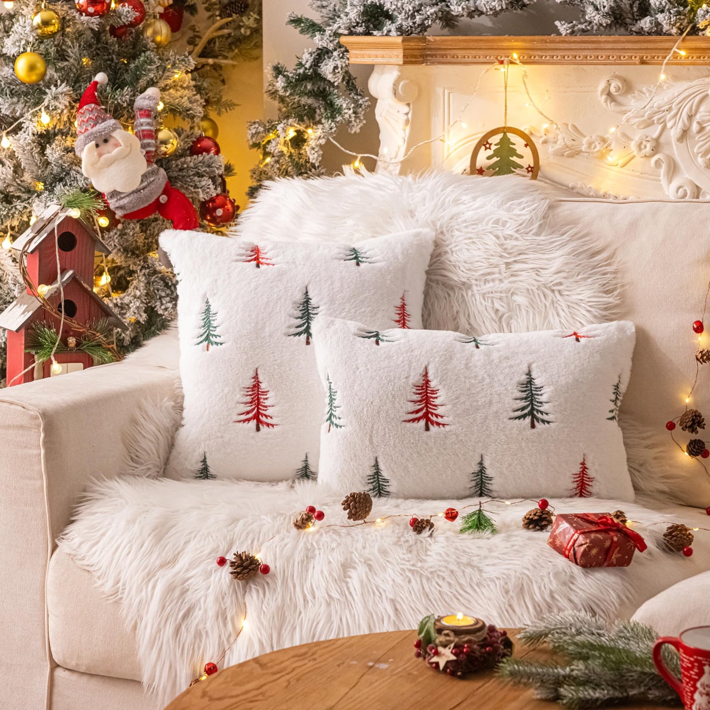 AQOTHES Christmas Tree Green Red Throw Pillow Covers 18x18, Soft Faux Fur Embroidered Throw Pillows for Couch Sofa Cushion Covers Holiday Home Decor