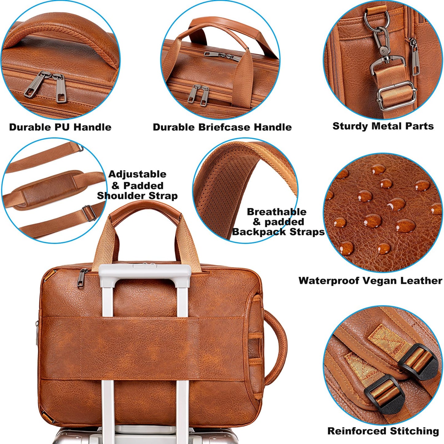 weiatas 3-in-1 Vegan Leather Convertible Laptop Bag for Men Women, 15.6 Inch Waterproof Expandable Backpack, Computer Briefcase, Shoulder Messenger Bag & Weekend Bag for Business Travel Work (Brown)