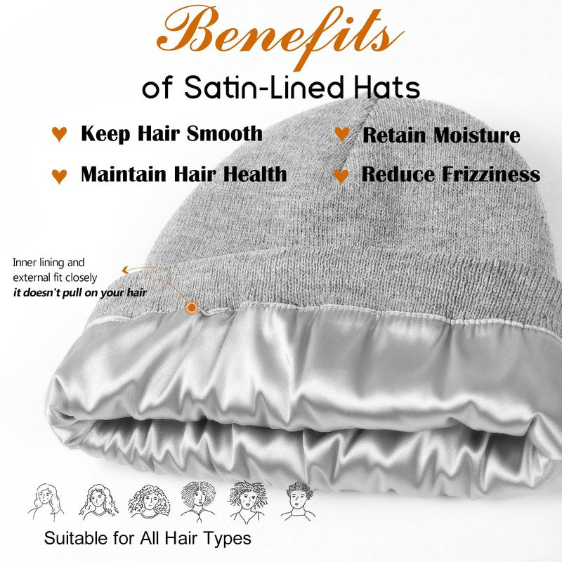 3 Pack Satin Lined Beanie Hats for Women Men Winter Silk Lined Soft Warm Knit Cuffed Beanies Cotton Crochet Slouchy Skull Cap