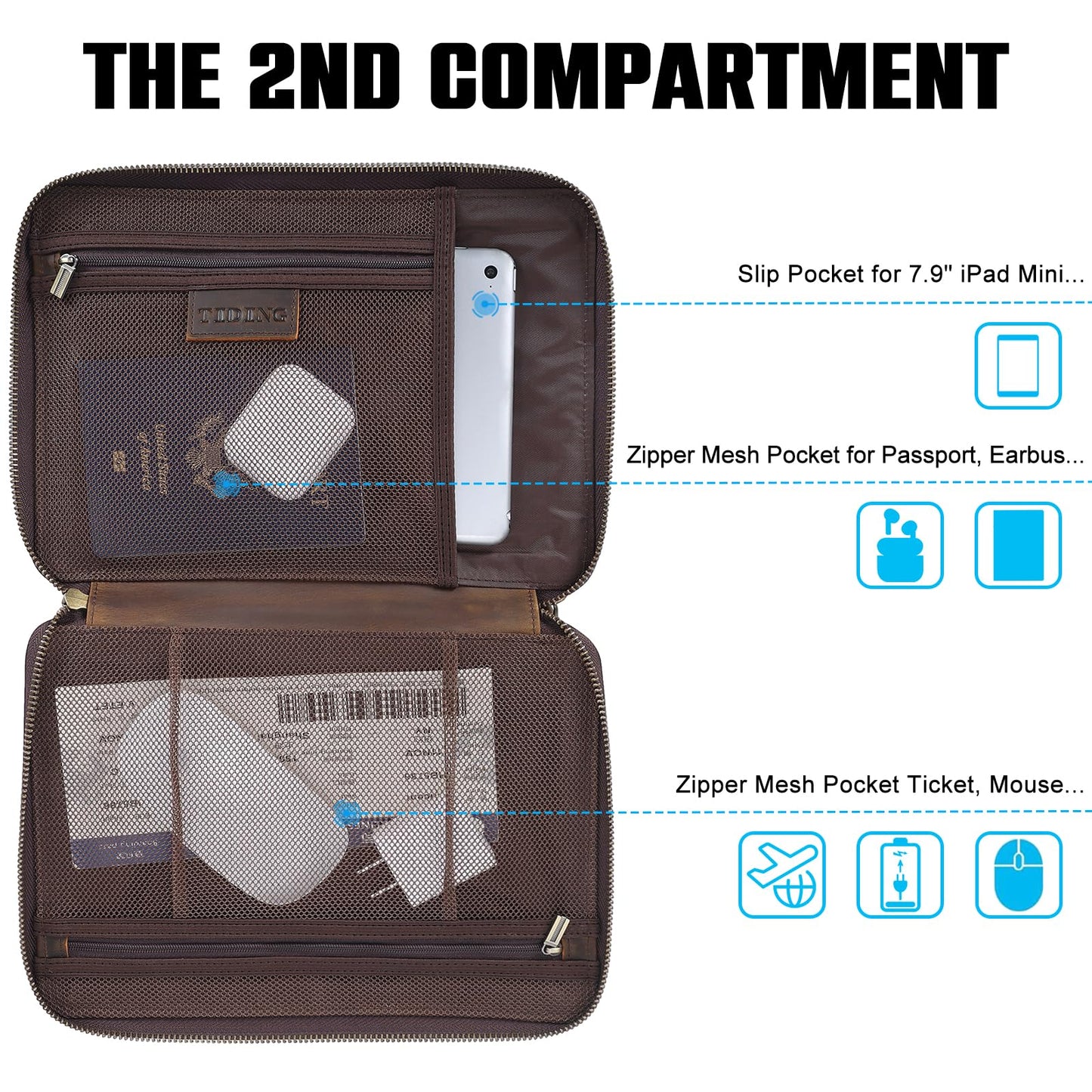 TIDING Leather Cable Electronics Organizer Case, Double Layer Travel Electronic Storage Bag for Charger, Cables, Phone, SD Card