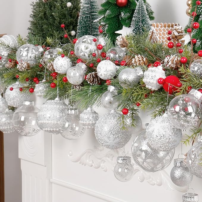 Super Holiday Christmas Ball Ornaments, 33PCS Silver Clear Shatterproof Plastic Foam Ornaments Set for Hanging Xmas Tree Holiday Thanksgiving Party Decor.