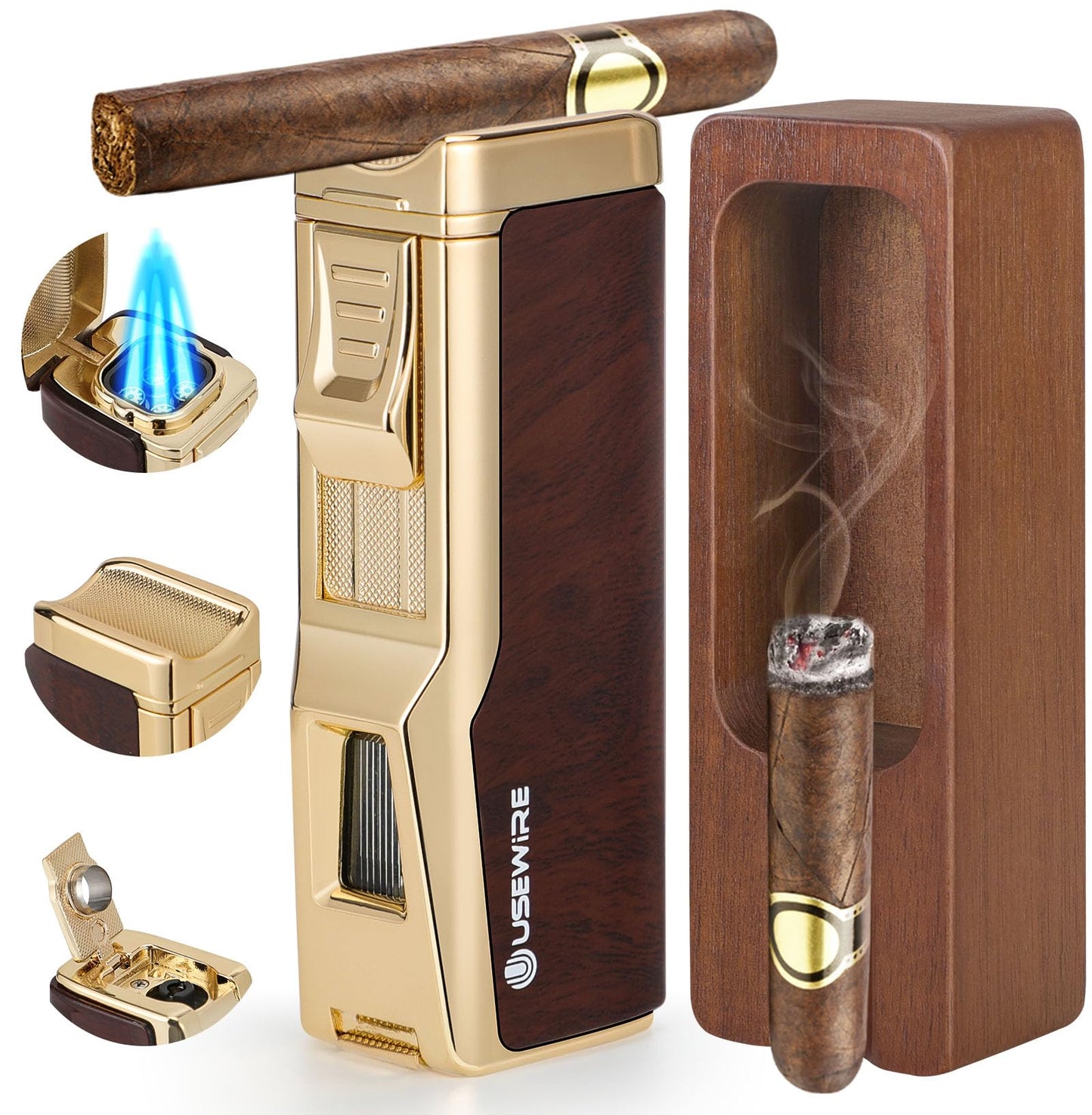 USEWIRE Cigar Lighter and Ashtray Set, Quad Windproof Jet Flame, with Cigar Holder and Cigar Punch, Refillable Butane Gas Lighter, Multifunctional Cigar Accessories Gift Set