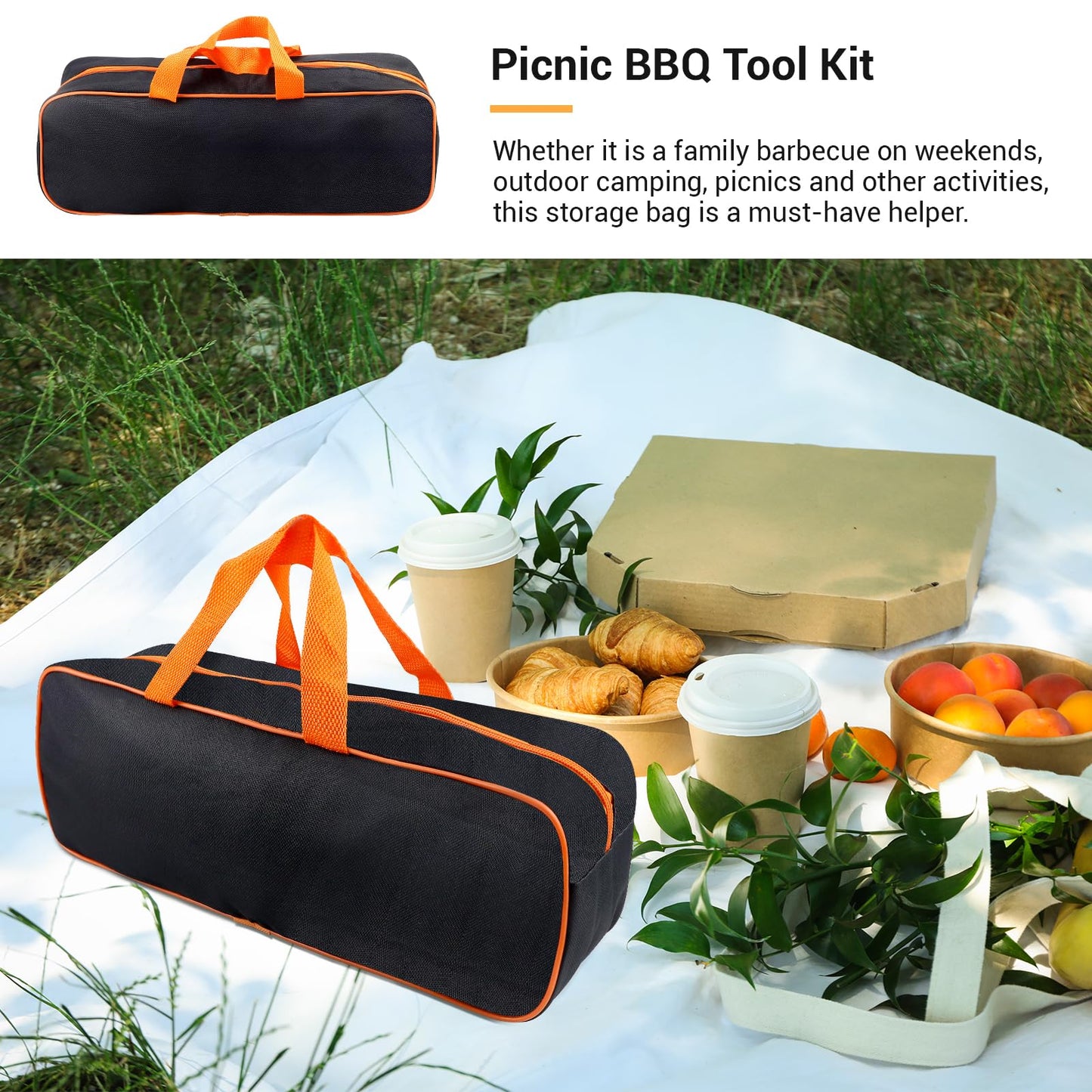 LCJAOF 1 Pcs Grill Utensil Storage Bag, Extra Large Oxford Fabric Grilling Accessory Bag for BBQ, Portable Barbecue Tool Bag for Camping Hiking（Orange 14.7 x 4.7 x 5.1 in）