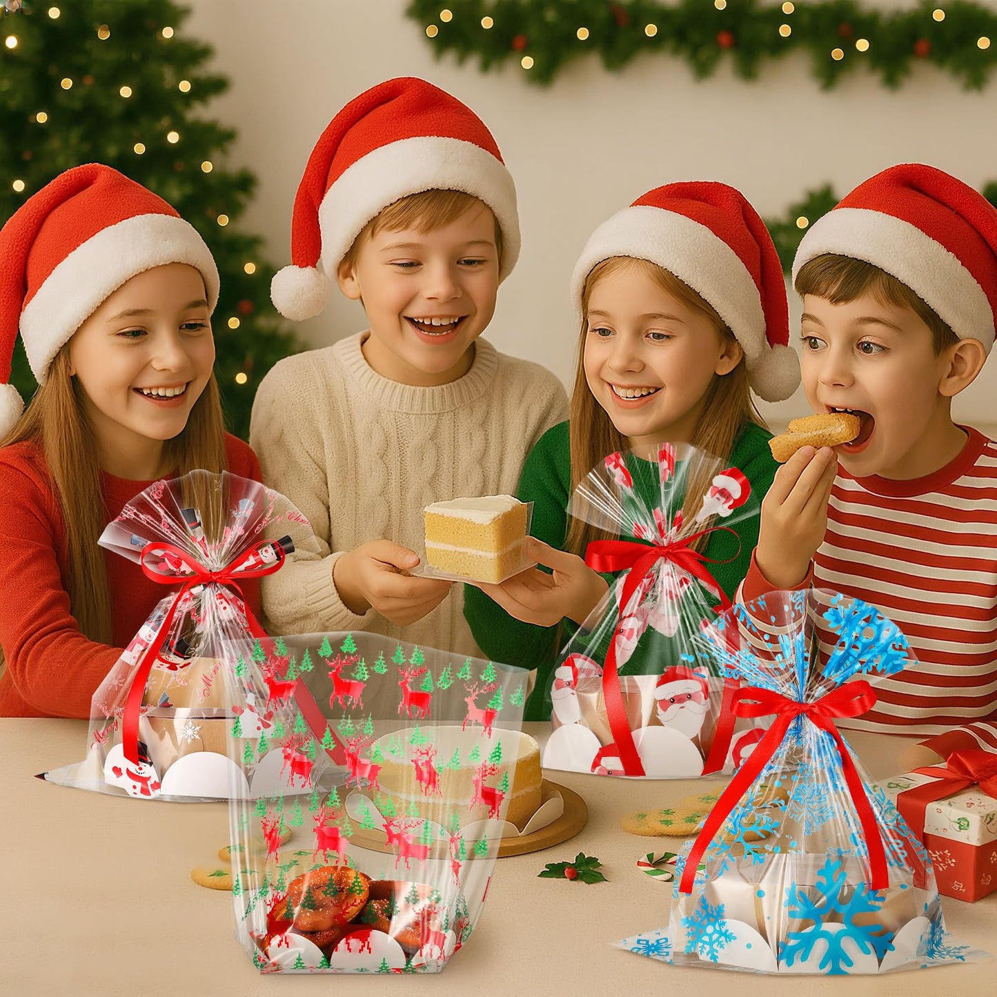 Sunnychicc 24 Pack Christmas Clear Plastic Bake Bags with 8'' Cake Tray Red Ribbon Bakery Gift Packaging Santa Snowman Elk Snowflake Pattern Cellophane Treat Bags for Toast Bread Cookies Candy Food