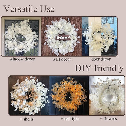 24" Yellow & Cream Fake (Not Real-Looking) Winter Fall Wreaths for Front Door – Boho Year Round Farmhouse Porch Door Decor – Beige Eucalyptus Lunaria Annua Welcome Door Wreath