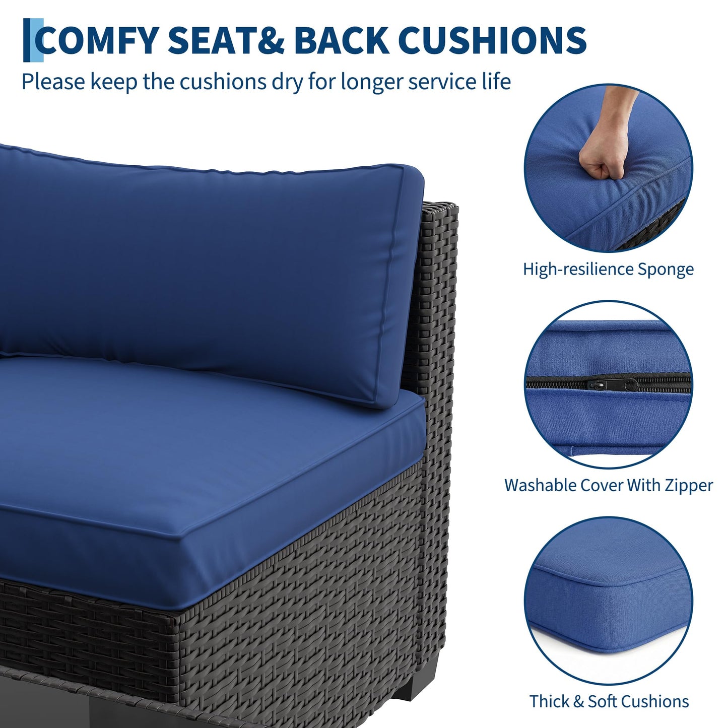 GarveeHome 7-Piece Modular Outdoor Patio Set, Sectional Rattan Wicker Sofa with Water-Resistant & Washable Thick Blue Cushions, Includes Coffee Table, Black Frame for Garden, Deck, Poolside