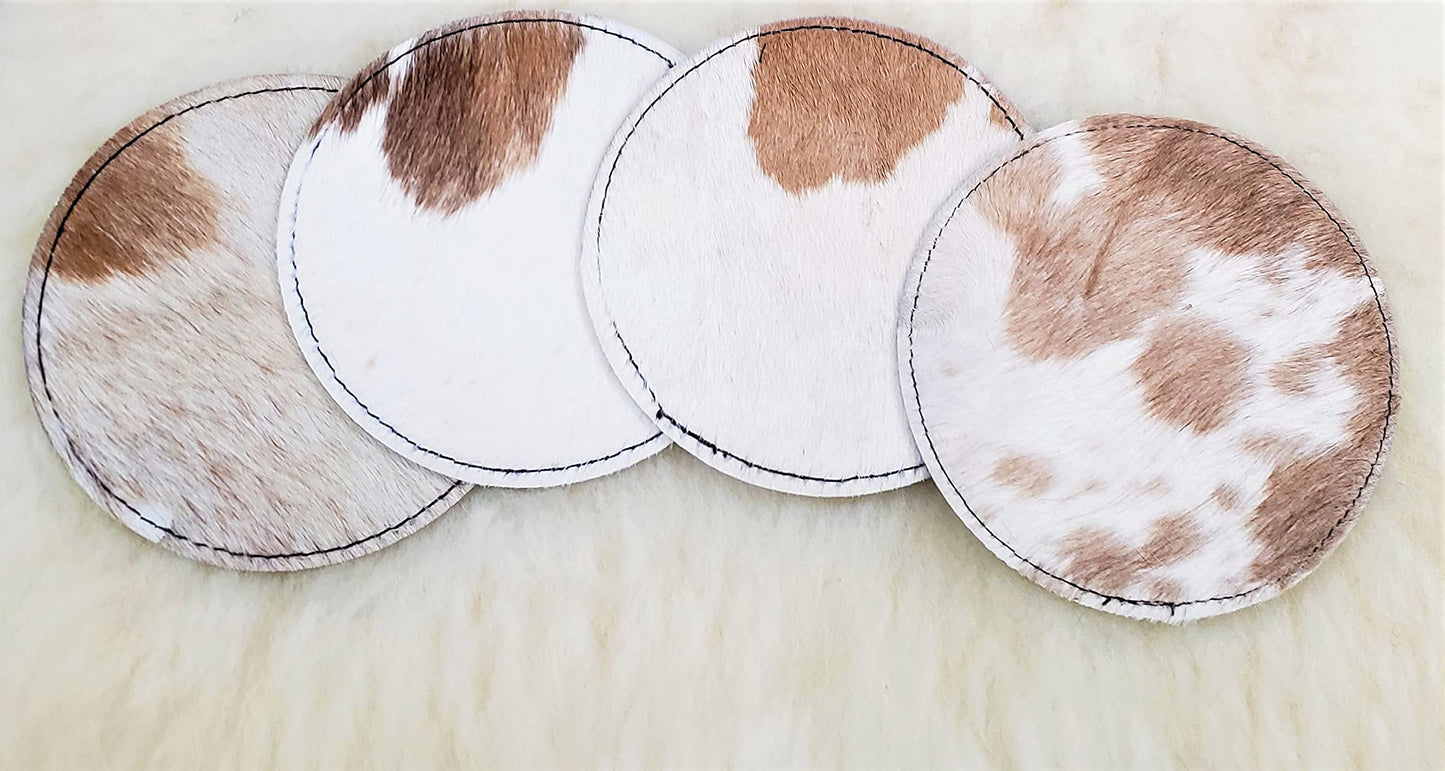 NGF Cowhide Coaster Set of 6 pcs Natural Cowhide Drink Coasters Hair On Round Coasters Leather Tea Cup Coasters Home Decor & Home Living Ideas Multicolor 4.5 x 4.5 x 0.5 inches