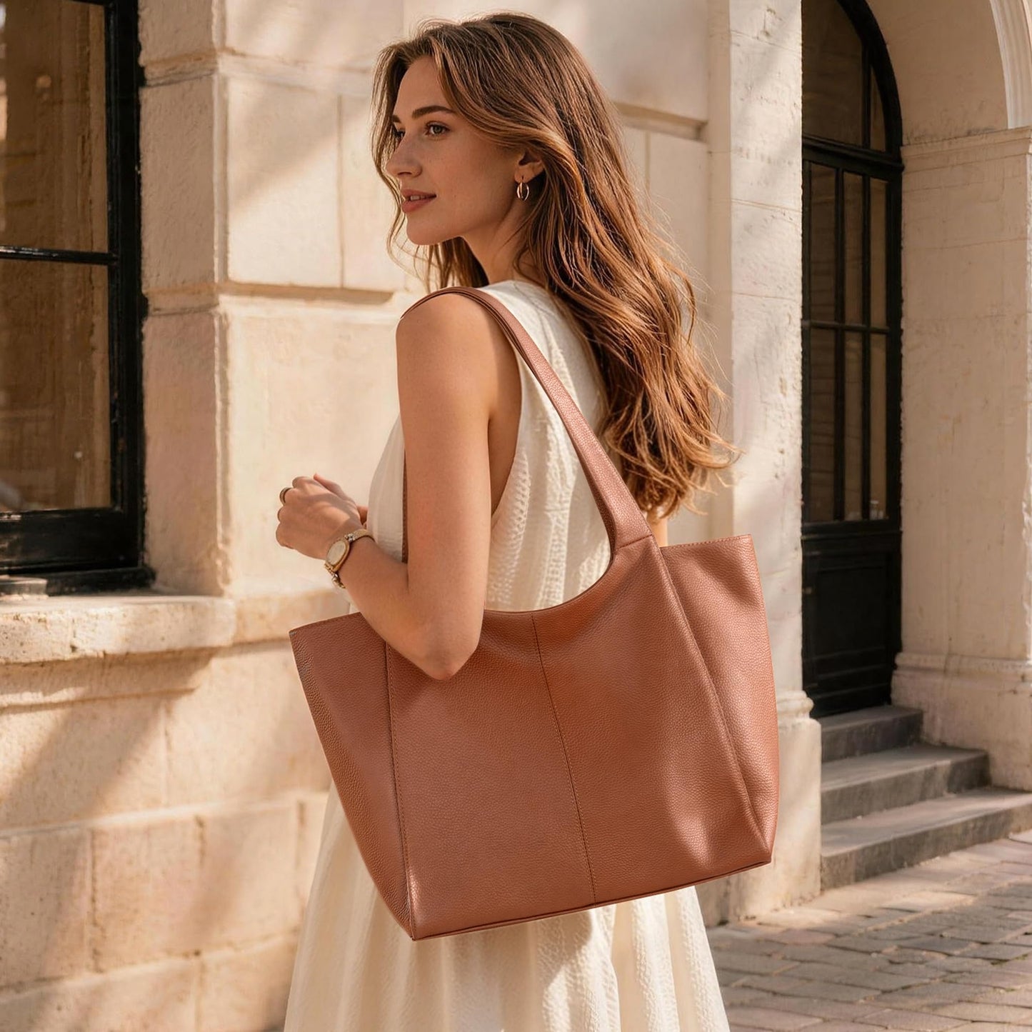 befen Soft Real Leather Tote Bag for Women Work, Women's Slouchy Casual Zipper Tote Work Bag Totes Travel Purse with Cup Holder Cognac Brown