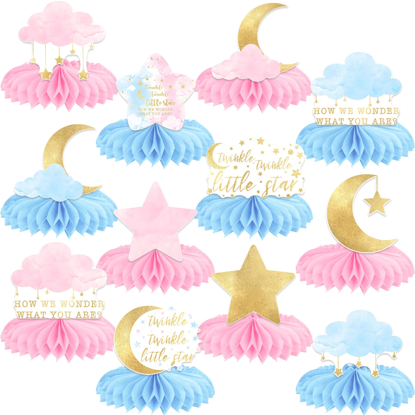 Twinkle Twinkle Little Star Gender Reveal Party Supplies Little Star Baby Shower Honeycomb Centerpieces 12PCS Pink and Blue Table Decorations Moon Cloud Centerpieces for Girls or Boys Birthday Decor
