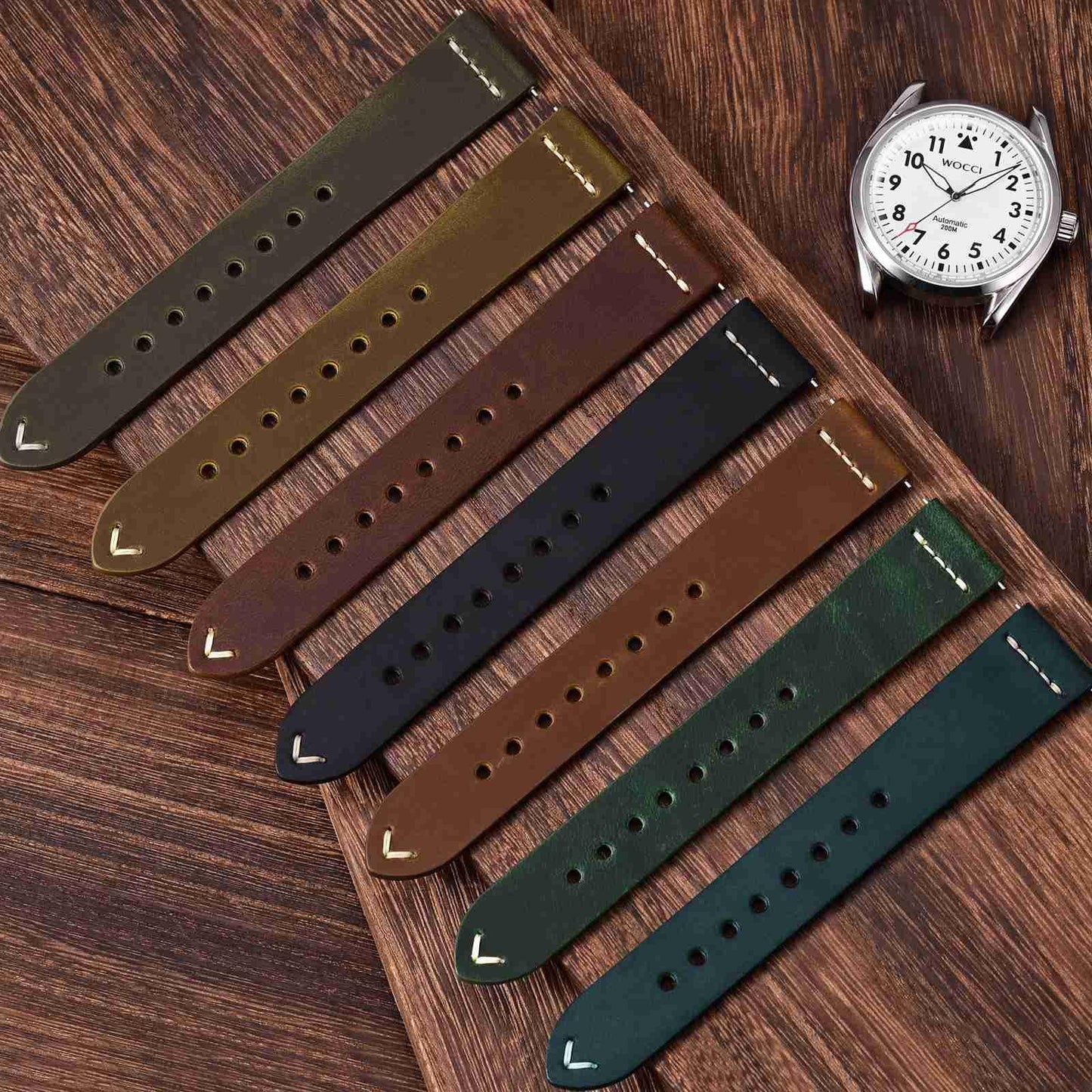 WOCCI 22mm Old-fashioned Watch Band for Men, Top Grain Leather, Silver Brushed Buckle (Caramel Brown)